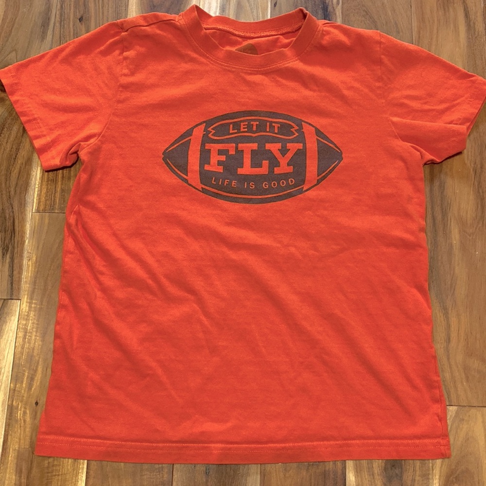 Boy’s Size L(10) Life is Good 100% Cotton Burnt Orange Football🏈 Themed T-shirt